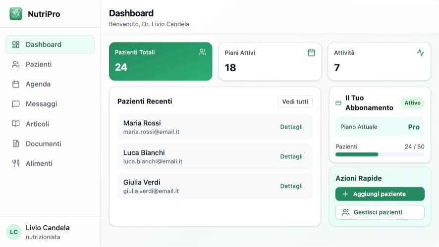 Anteprima dimostrativa NutriPro: dashboard con pazienti, piani attivi e agenda